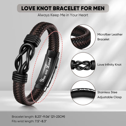 Love Knot Bracelet GIFS for Men - Handmade Braided Leather Bracelets Brown Leather Cuff Infinity Knot for Son Husband Boyfriend,Mens Christmas Birthday Gift