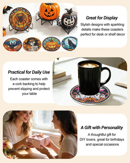 BOCACUE Halloween Diamond Art Coasters Kit for Adults, 10 PCS Diamond Painting Coasters with Holder, Cute Gem Painting Coasters for Desk, DIY Diamond Art Crafts, Halloween Decor Gifts for Men & Women