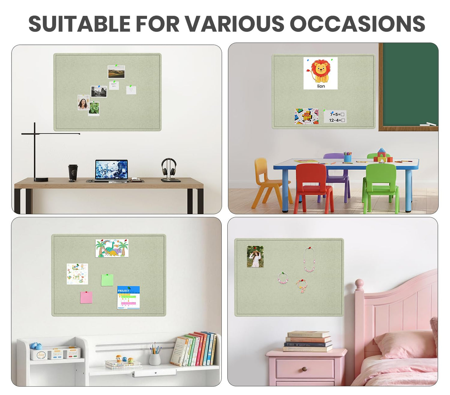 Bulletin Board, 36 X 24 inches Cork Board with 20 Pushpin, Felt Cork Board Notice Pin Board, Self-Adhesive Vision Board Mood Board Foldable Photo Board for Wall - Sage Green