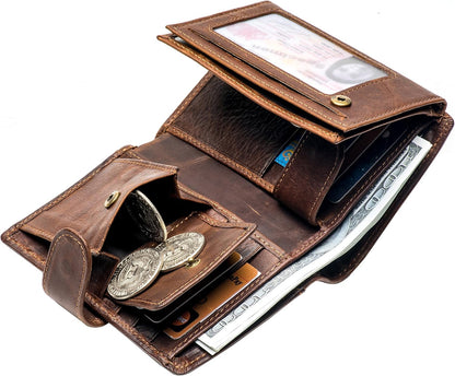 Plinvo Mens Large RFID Blocking Genuine Leather Wallet Trifold Card Holder with Snap Closure and 3 ID Windows (Coffee)