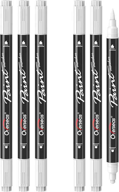 Overseas White Acrylic Paint Markers, 6 Pack Dual Tip Paint Pens Acrylic Markers - Dot and Brush Tip Coloring Marker for Wood, Rock, Canvas, Glass, Metal, Plastic, Rubber, Fabric, School Supplies