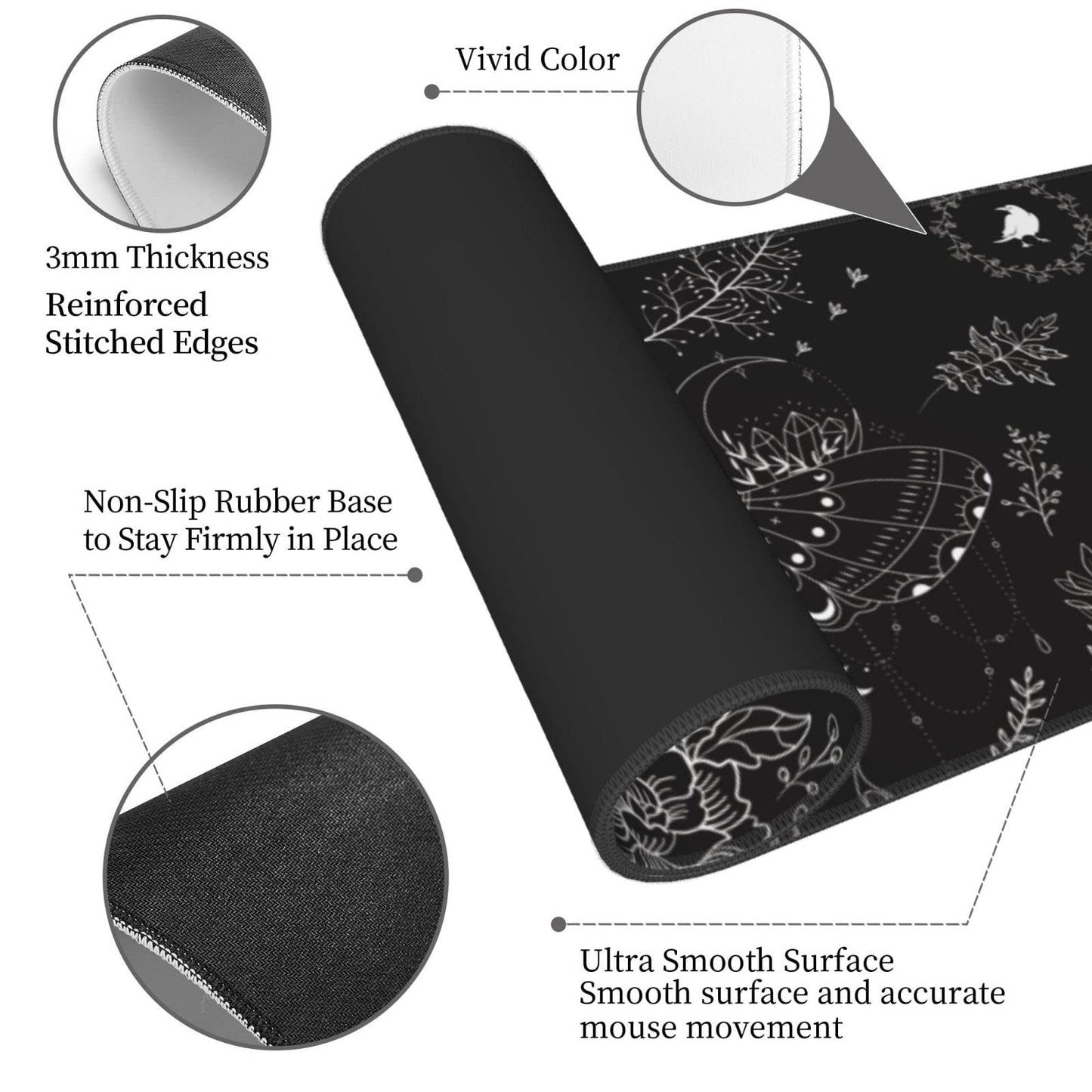 Moth Gaming Mouse Pad XL Halloween Elements Large Extended Non Slip Rubber Base Desk Mat Stitched Edge Keyboard Mat 31.5x11.8 Inch