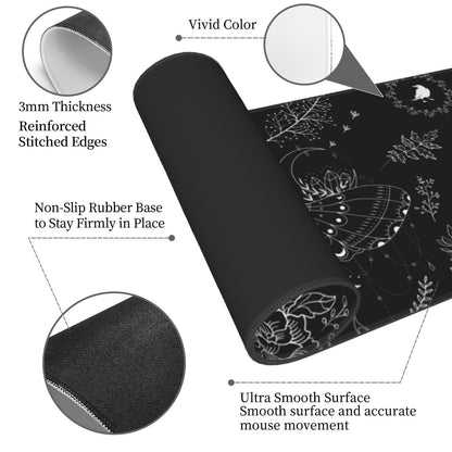Moth Gaming Mouse Pad XL Halloween Elements Large Extended Non Slip Rubber Base Desk Mat Stitched Edge Keyboard Mat 31.5x11.8 Inch