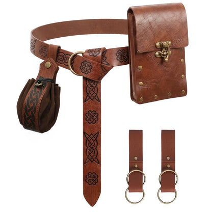 Renaissance Medieval Belt Pouch Set - Medieval Accessories with Pirate Belt Waist Bag Purse for Halloween & Cosplay (Brown-A)