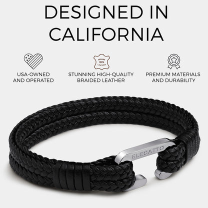 Elegatto Meraki Premium Double Braided Leather Bracelet for Men | Full-Grain Leather with Silver Polished Stainless Steel C-Clasp | Men’s Designer Bracelets