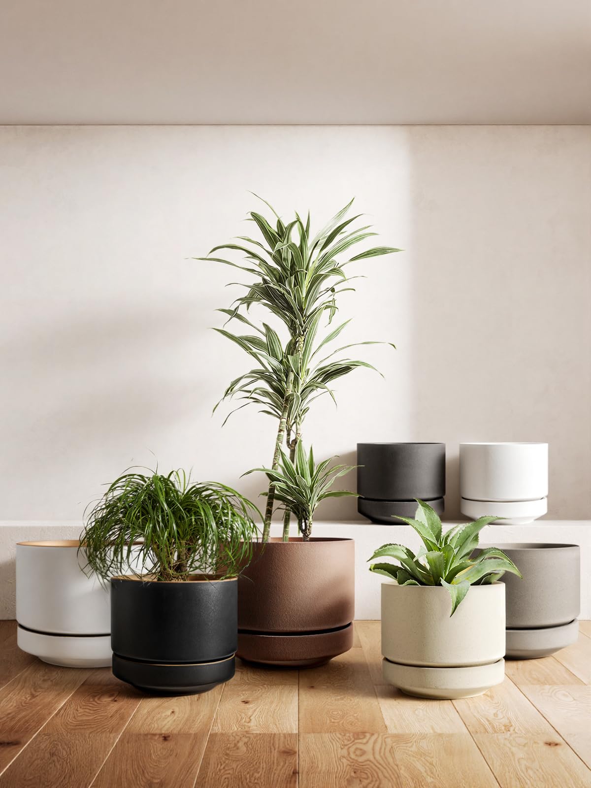 LE TAUCI 12 Inch Pots for Plants with Saucer | Ceramic Outdoor & Indoor Planter Pot for Plants | Drainage Hole, Mesh Pad | Unglazed Porous | Modern for Home, Office and Patio – Neutral Gray