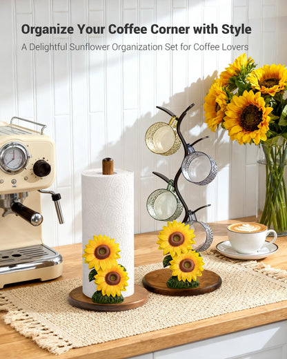 GAJ Sunflower Mug Tree Coffee Cup Holder, Countertop 3D Yellow Flower Coffee Bar Decor, Wooden Base Mug Stand Holds 4 Cups, Farmhouse Kitchen Organizer, Gifts for Women Mom Grandma