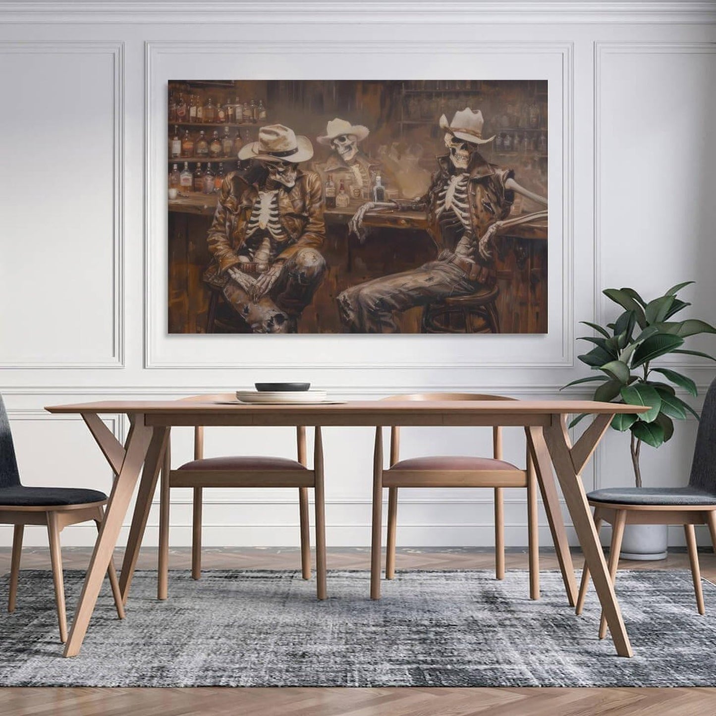 Skeleton Cowboy Saloon Trio Western Rustic Canvas Printing Wall Art Posters Prints Bohemian Aesthetic Bar Scene Oil Style Wall Decor for Living Room Bedroom Bar Office Den 12x18inch(30x45cm)