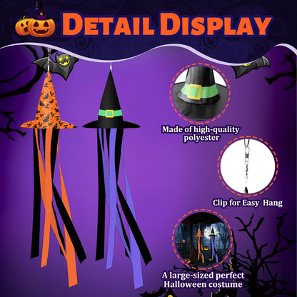 2 Pack Halloween Witch Hat Windsock Flag Decorations, 35 Inch Hanging Flying Witches Witzard Theme Parties Supplies Spooky Cartoon Wind Socks for Yard Patio Garden Pathway Tree Indoor Outdoor Decor