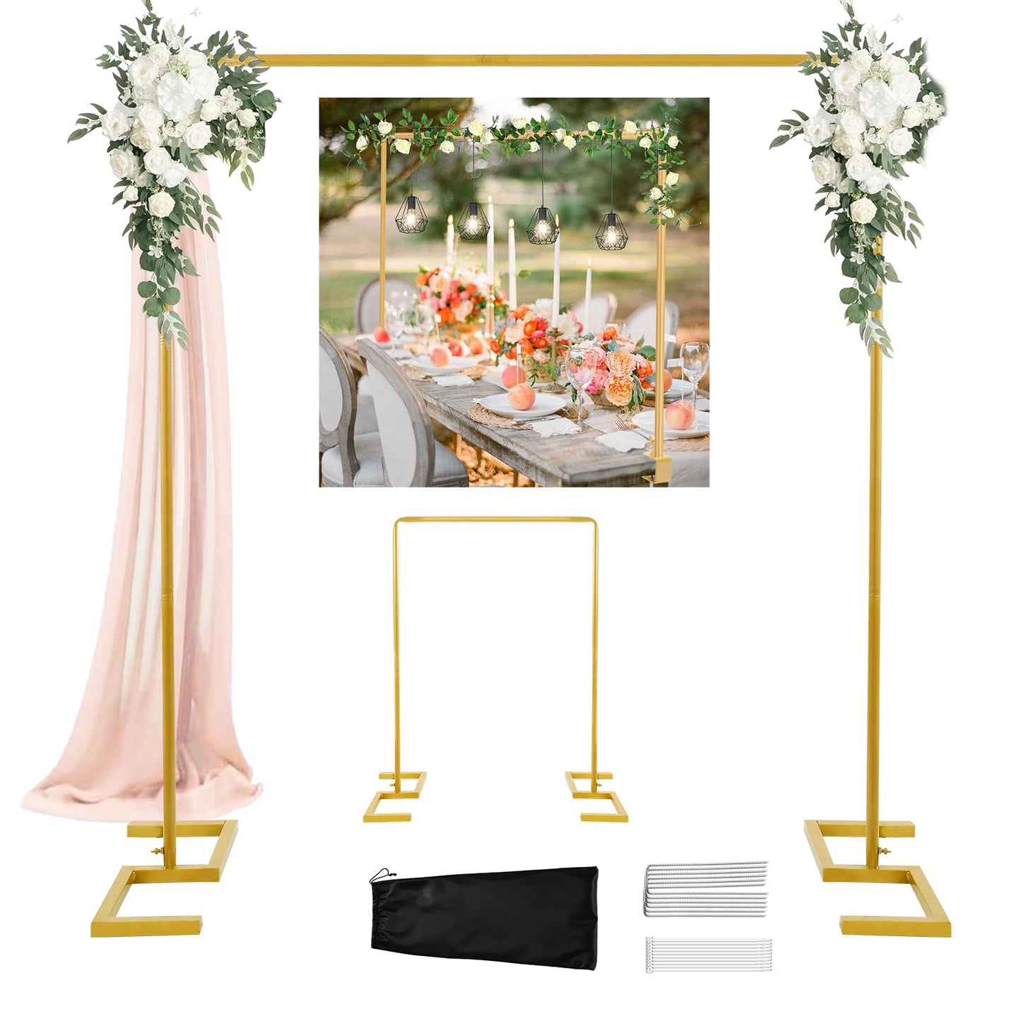 8.2FT Square Wedding Arch Backdrop Stand,Balloon Arch Stand, Metal Gold Backdrop Adjustable Stand Heavy Duty, Extra 2 Clamps Change Over The Table Rod Stand for Party Decoration,Garden Trellis Frame