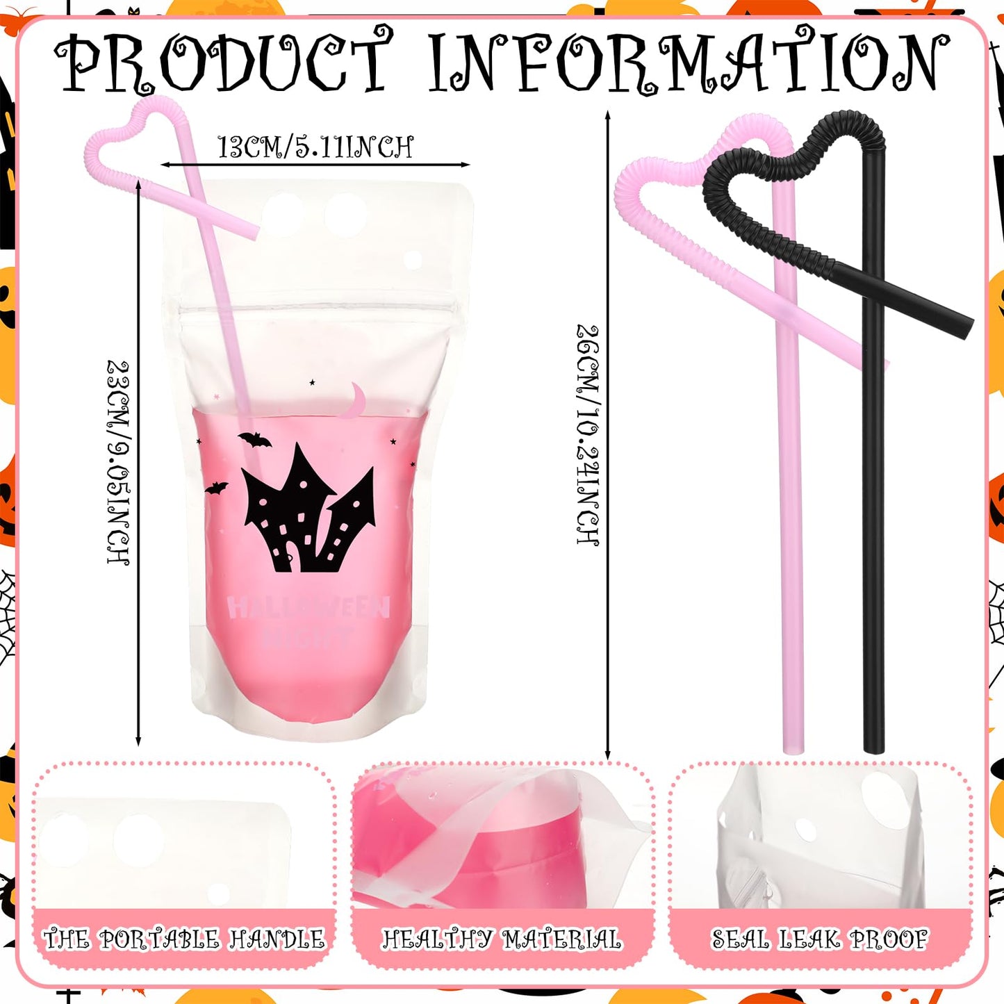 Sliner 24 Set Halloween Drink Pouches with Straws for Adults Juice Liquor Pouches Happy Boo Day Pink Black Drink Bags for Adult Teen Stand up Plastic Bags for Halloween Party Favor Props