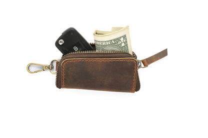 Handmade Full Grain Leather Car Key Holder & Zippered Coin Purse | Belt Loop Key Chain, Compact Earphone Holder, Multi-Functional Money Purse, Elegant Leather Accessory, Versatile Key Organizer