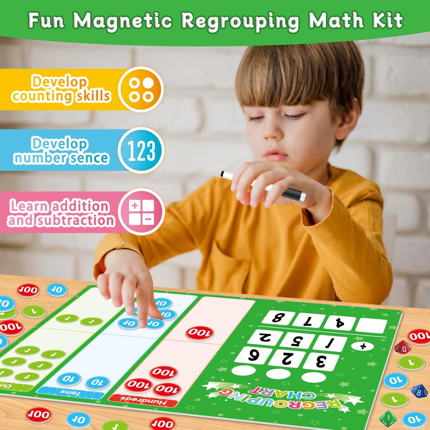 Magnetic Regrouping Math Base Ten Place Value, 2026 New Upgraded Addition & Subtraction Math Manipulatives Dry Erase Whiteboard for Kids 1st 2nd 3rd Grade, Math Games Homeschool Classroom Must Haves