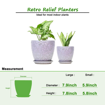 Bestseler 8 Inch + 6 Inch Retro Ceramic Planter Set of 2 with Drainage Hole and Saucer for Multiple Plants, Indoor-Outdoor Garden Pots for Succulent, Orchid, and Flower (Retro Purple)