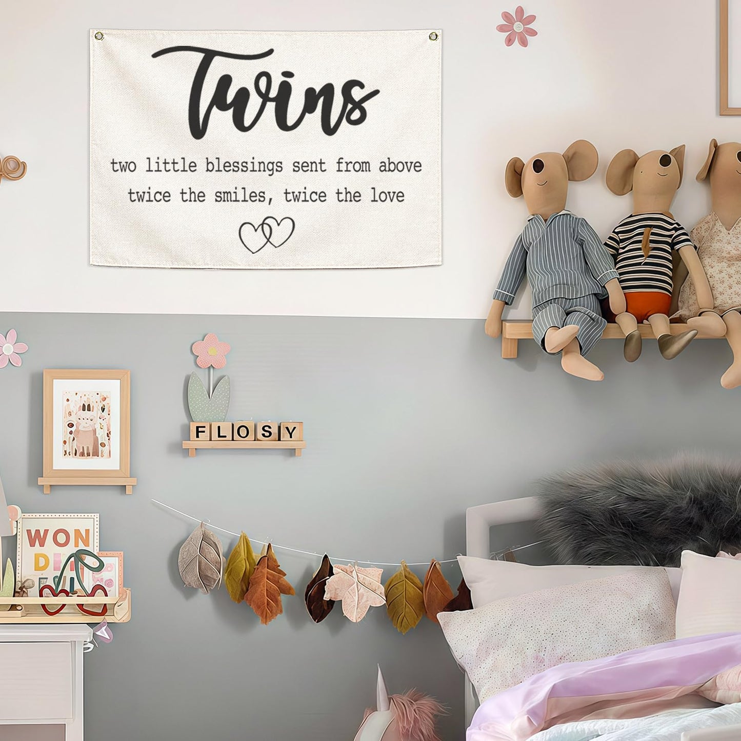 Twin Room Sign Canvas Banner-Nursery Wall Decor Rectangular Flag Sign for Baby Kids Newborn Nephew,Bedroom Baby Room Door Decoration,Twins Two Little Blessings Quote,Christmas Gift 28.5"L x 20"W