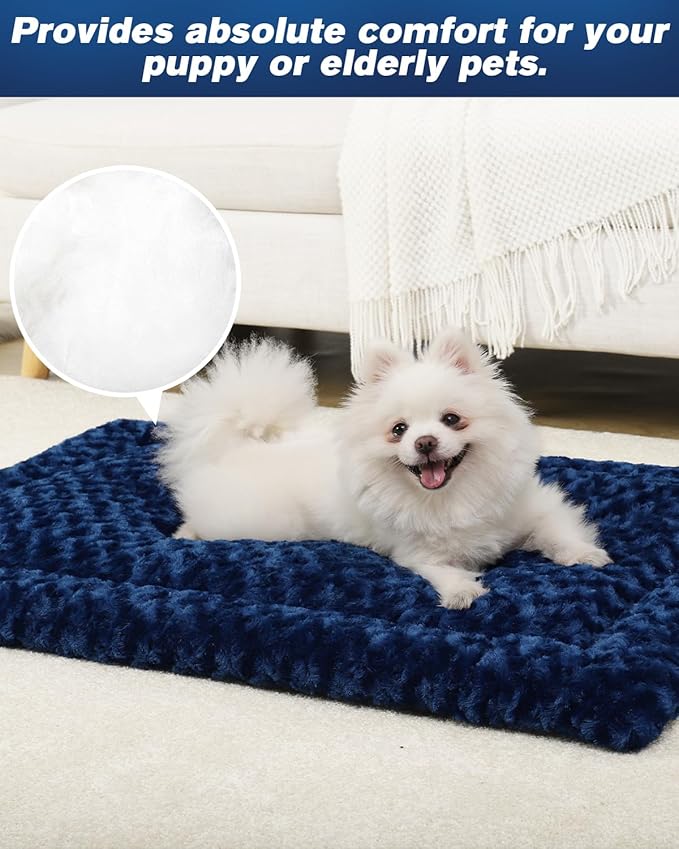 Washable Dog Bed Mat Ultra Soft Dog Crate Pad Comfy Fluffy Pet Kennel Beds Sleeping Mattress for Large Jumbo Medium Small Dogs, 36 x 23 Inch, Blue