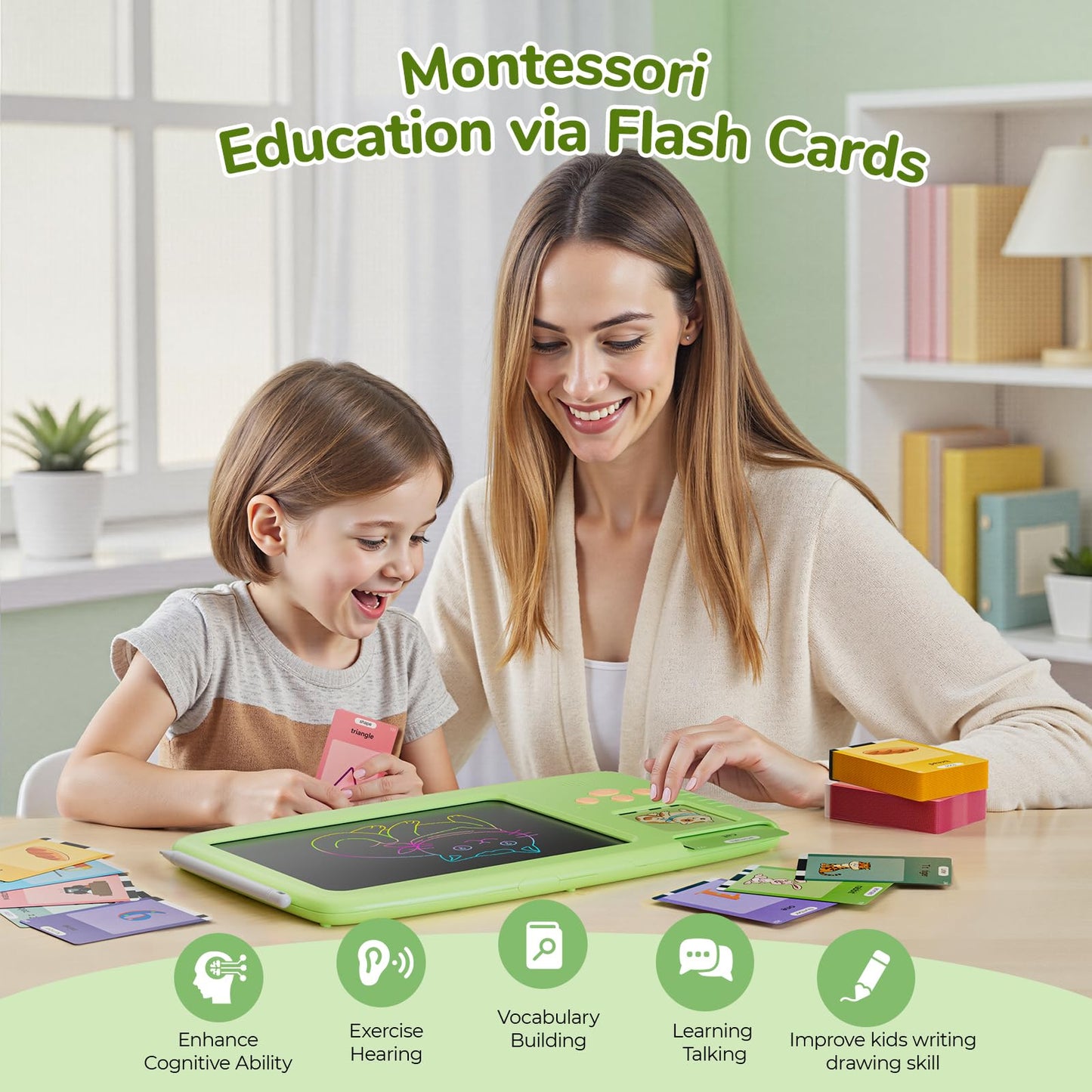 ZONSTVYS Talking Flash Cards for Toddlers: 2-in-1 LCD Writing Tablet with 510 Sight Words, Montessori Language Learning, Autism & Speech Therapy Toys for Children Ages 1-6, Green