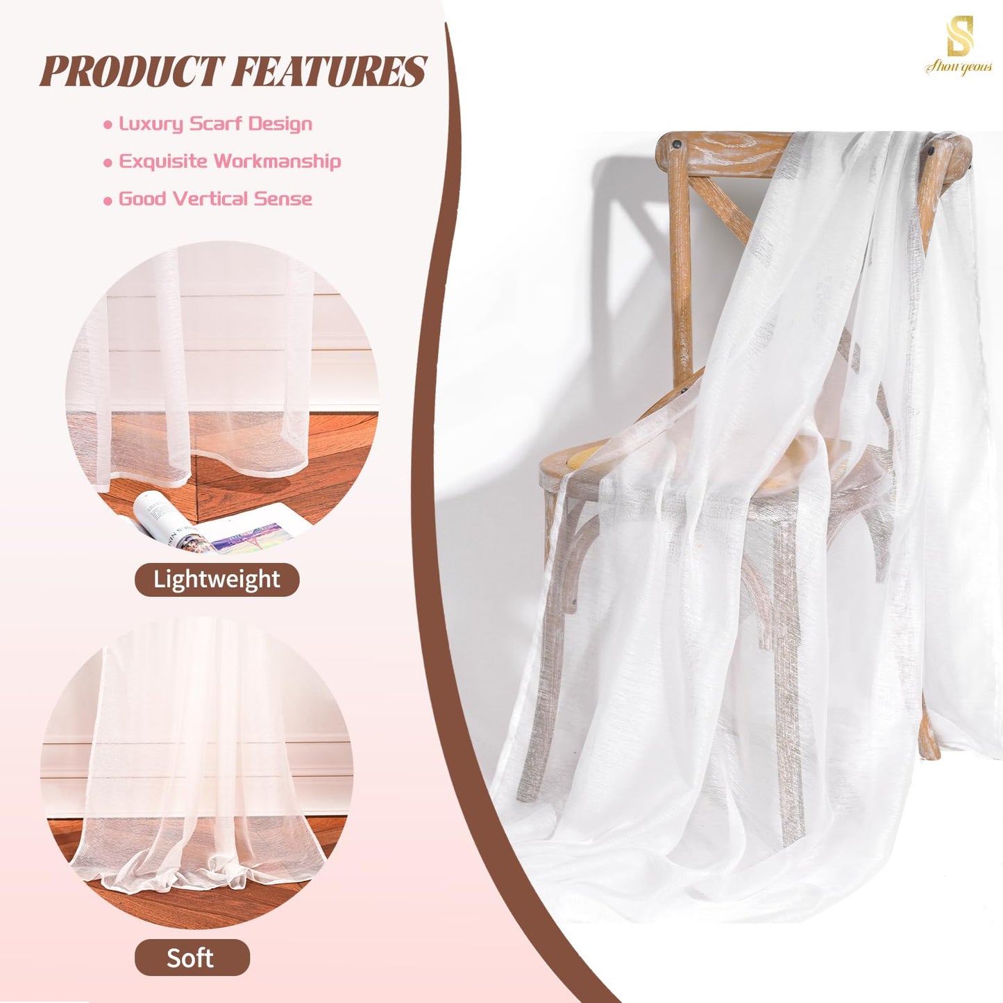 Showgeous 2 Panels White Window Scarf Valance Sheer Canopy Bed Curtains 52" X 144" Extra Long Topper Window Treatment Elegant Curtain Scarves Soft Voile Swag Curtain Drapes for Wedding Arch Home Decor