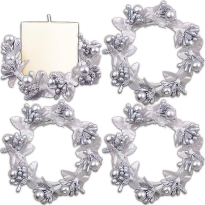 Brihaspory White Christmas Candle Rings Set of 4, Handmade Silver Berry Mini Candle Wreaths for New Year Dinner Party Table Centerpieces