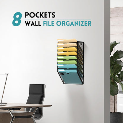 SUPEASY 8 Tier Wall File Organizer, Hanging Wall Mounted Mail Organizer with Label Slots, Metal Mesh File Holder Magazine Rack for Office, Home, School or Classroom, Black