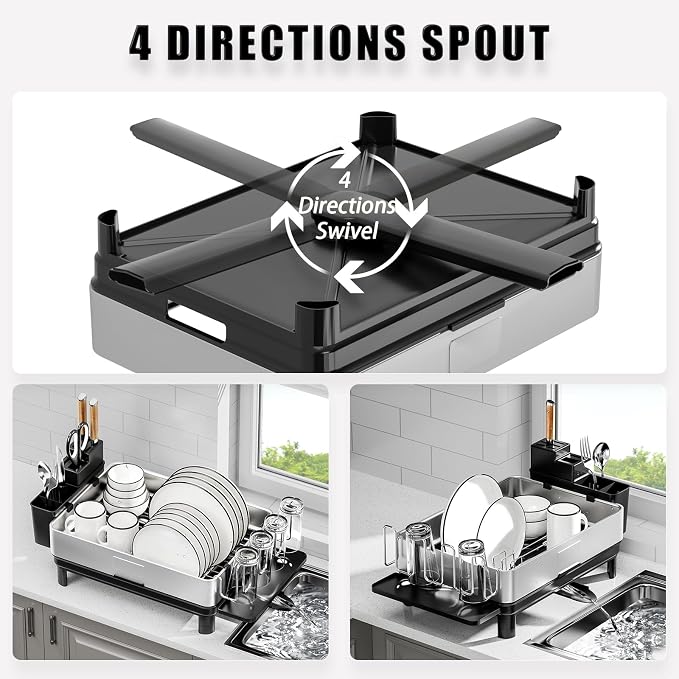 Ewaiira Dish Drying Rack, 304 Stainless Steel Dish Racks for Kitchen Counter, Dish Drainers with Automatic Drainage, Utensil Holder & Cups Holder, Space Saving Kitchen Organizer, Black