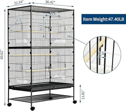 GarveeHome 60" H Large Bird Cage, Bird Cage with Rolling Storage Stands, Feed Bowls, Wide Tall Parakeet Cage for Parrots, Conures, Cockatiel, Cockatoo