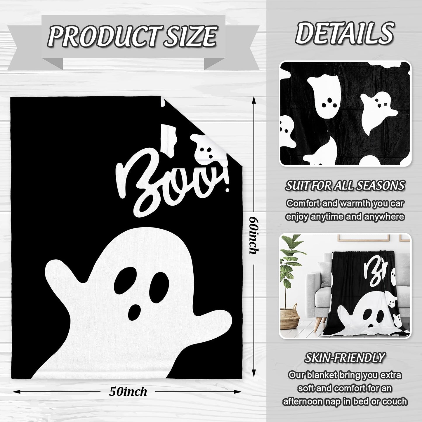 JarThenaAMCS Halloween Ghost Fuzzy Blanket Black White Cute Ghost Boo Throw Blanket Double-Sided Soft Cozy Flannel Blankets for Party Home Bed Sofa Couch, 50 x 60 Inch