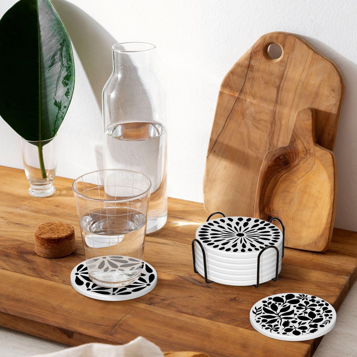 Aowced Drink Absorbent Coasters with Holder Set of 6, Ceramic Stone with Cork Base, Modern Black White Abstract Geometric Coaster for Drinks, Gift for Housewarming Room Bar Home Decor Kitchen