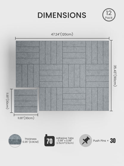 Bumusty Large Cork Board Alternative-48 x 36" Felt Bulletin Board Tiles, with 30 Pushpins, 70 Adhesive Tabs, Bold-Stripe 12-Pack, Cork Boards for Office Push Pin Board Felt Board-Blue Gray