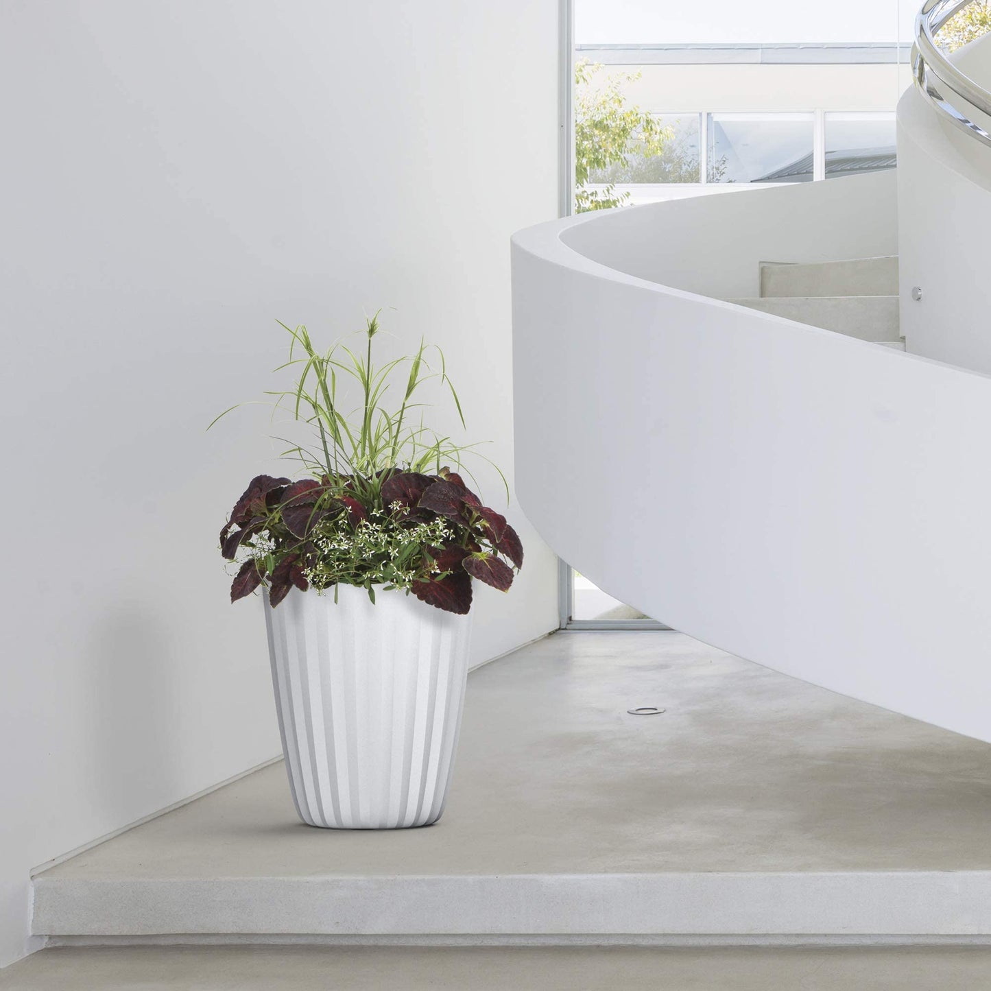 Crescent Garden Pleat Modern Decorative Planter, Indoor/Outdoor Pot, Resin Planter with Drain Hole - 15" W x 15" H (Olive)