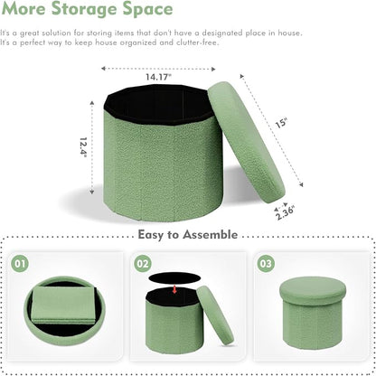 B FSOBEIIALEO Storage Ottoman Cube, Round Ottomans with Storage Foot Stool Footrest for Lving Room, Boucle Ottoman Seat for Dorm Room,Faux Teddy Fur, Green 15"x15"x13.19"