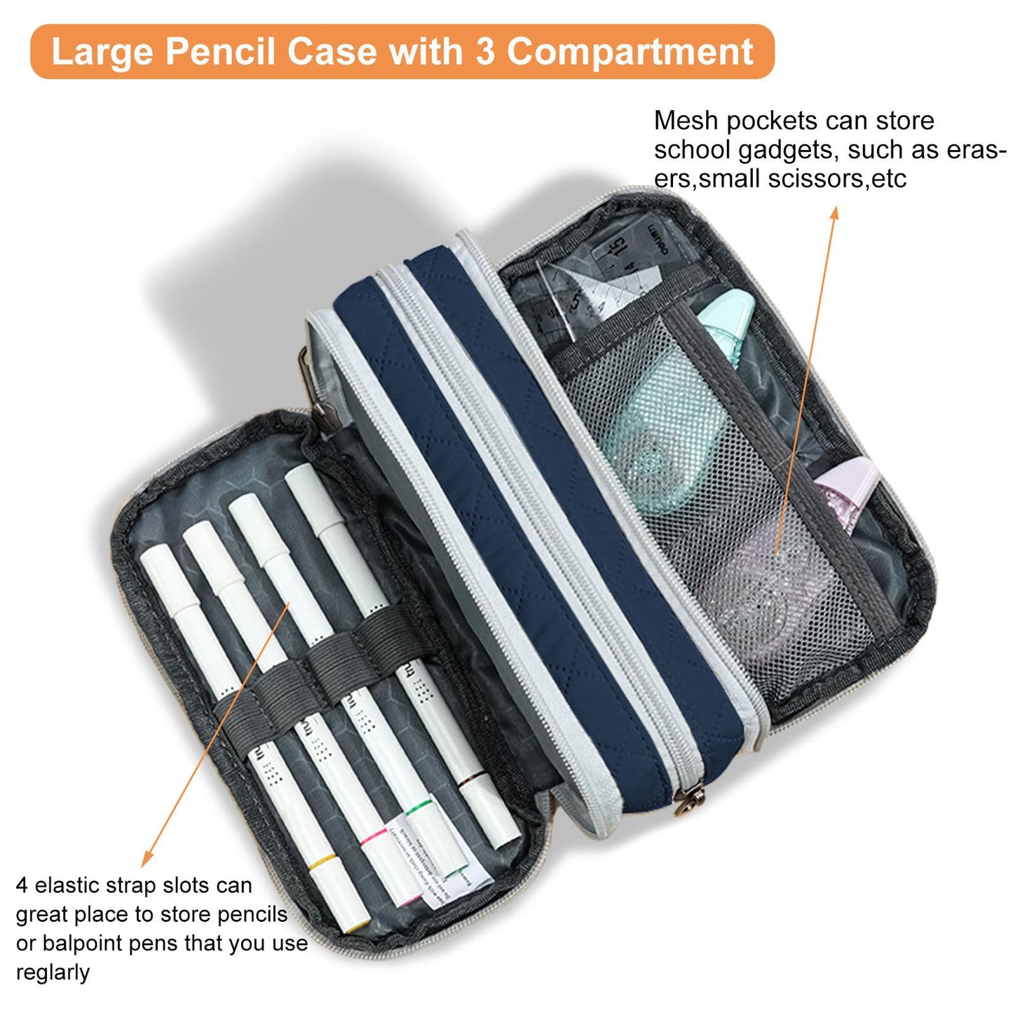 Della Gao Large Pencil Case, Big Capacity Pencil Pouch with 3 Compartments, Office Pencil Bag with Zipper, Big Pen Case for Adults (01-3SLLG)