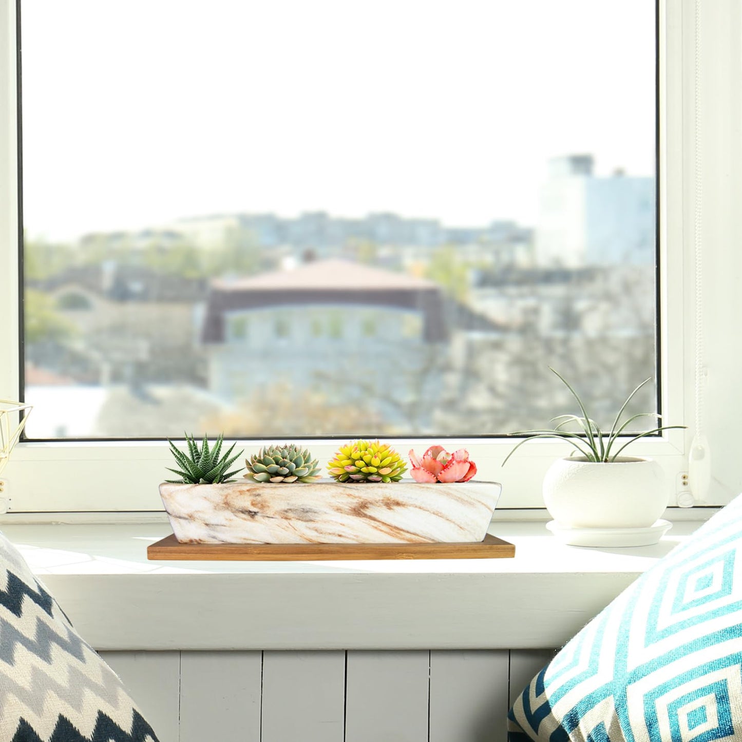 ARTKETTY Succulent Pots - Large Succulent Planters with Drainage Tray, Window Sill Planter, Long Rectangle Ceramic Pots for Indoor Cactus Plants Shallow Bonsai Window Box for Home Garden Decor
