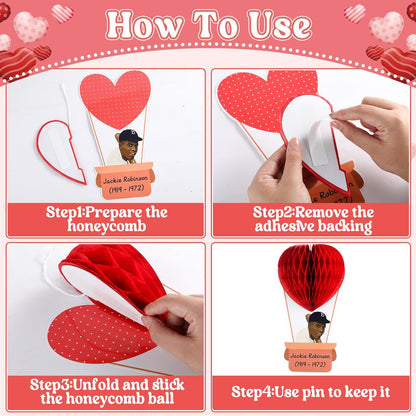 3D Valentine's Day Black History Month Bulletin Board Set Heart Shaped Honeycomb Balls Famous African American Classroom Decoration Inspirational Cutouts for School Home Chalkboard Wall Decor Supplies