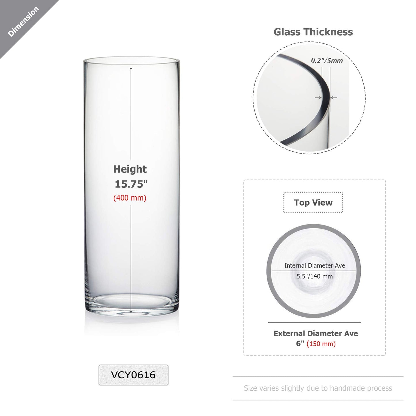 WGV Cylinder Vase, Width 6", Height 16", Clear Glass Container Terrarium Candle Holder for Wedding Centerpiece, Party Event, Home Office Decor, 1 Piece