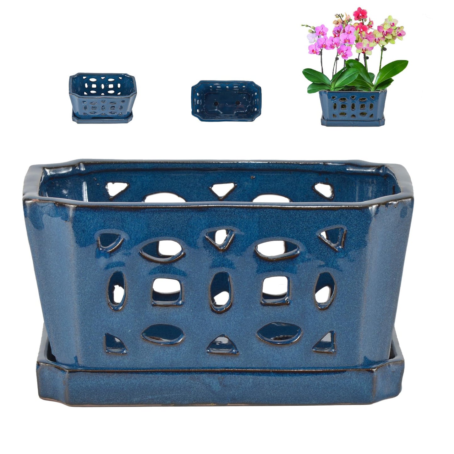W&W Orchid Pot with Holes and Saucer for Repotting, Blue, 9.7 Inch