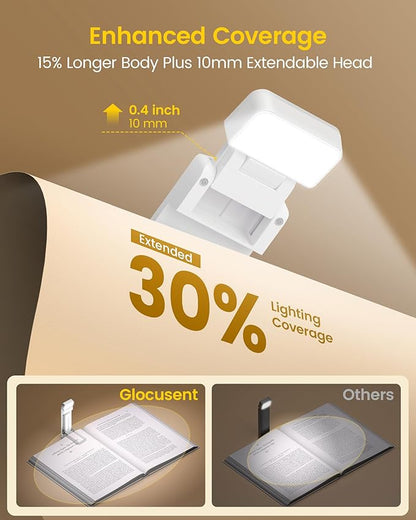 Glocusent Extendable Book Lights for Reading at Night, 5 Enhanced Brightness & 3 Colors with Sleep Aid & Timers, Clip on USB Rechargeable Reading Light for Books in Bed, Ideal Book Lovers Gifts