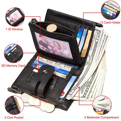 Mens Wallet with Chain Genuine Leather Purse RFID Blocking Bifold Double Zipper Coin Pocket with Anti-Theft Chain