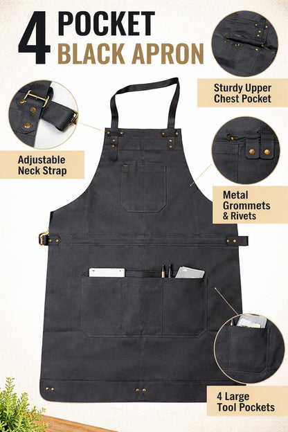 HEAVEN HUSH Genuine Leather Apron for Men & Women, Adjustable Straps & Tool Pockets Premium BBQ Cooking Blacksmith Shop Welding Woodworking Bartender Work Aprons (Black,4 Pocket)