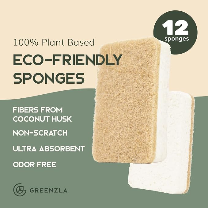 Greenzla 12 Pack Kitchen Sponges, Plant-Based Dish Sponges, Non-Scratch Sisal Hemp Scouring Pads for Dishes, Countertops, Bathtubs, and Tiles