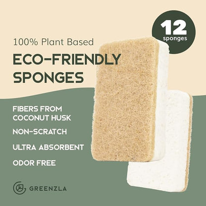 Greenzla 12 Pack Kitchen Sponges, Plant-Based Dish Sponges, Non-Scratch Sisal Hemp Scouring Pads for Dishes, Countertops, Bathtubs, and Tiles