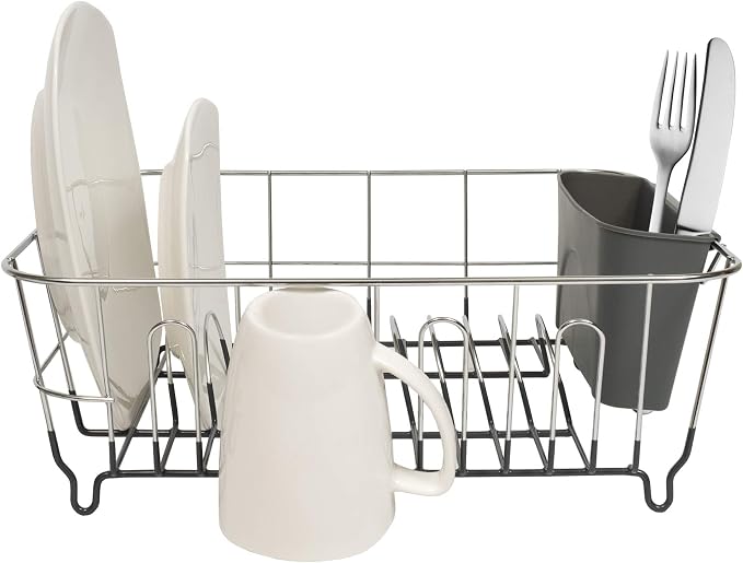Dish Drying Rack & Cutlery Holder 2 Piece Set ✅ Compact Sink-Fitting Dish Drainer with Rubberized Undercoating ✅ Space-Saving Kitchen Organizer for Plates, Cups, Bowls & Utensils In Sink, Dark Gray