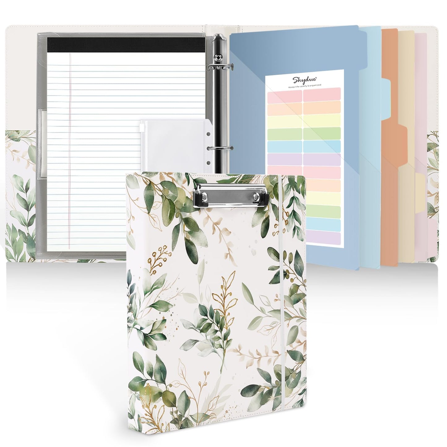 SKYDUE 1 Inch 3-Ring Binder with Clipboard, PU Aesthetic Binder with 5 Dividers, Notepad, Stickers & Pockets for Work and School (Letter Size)