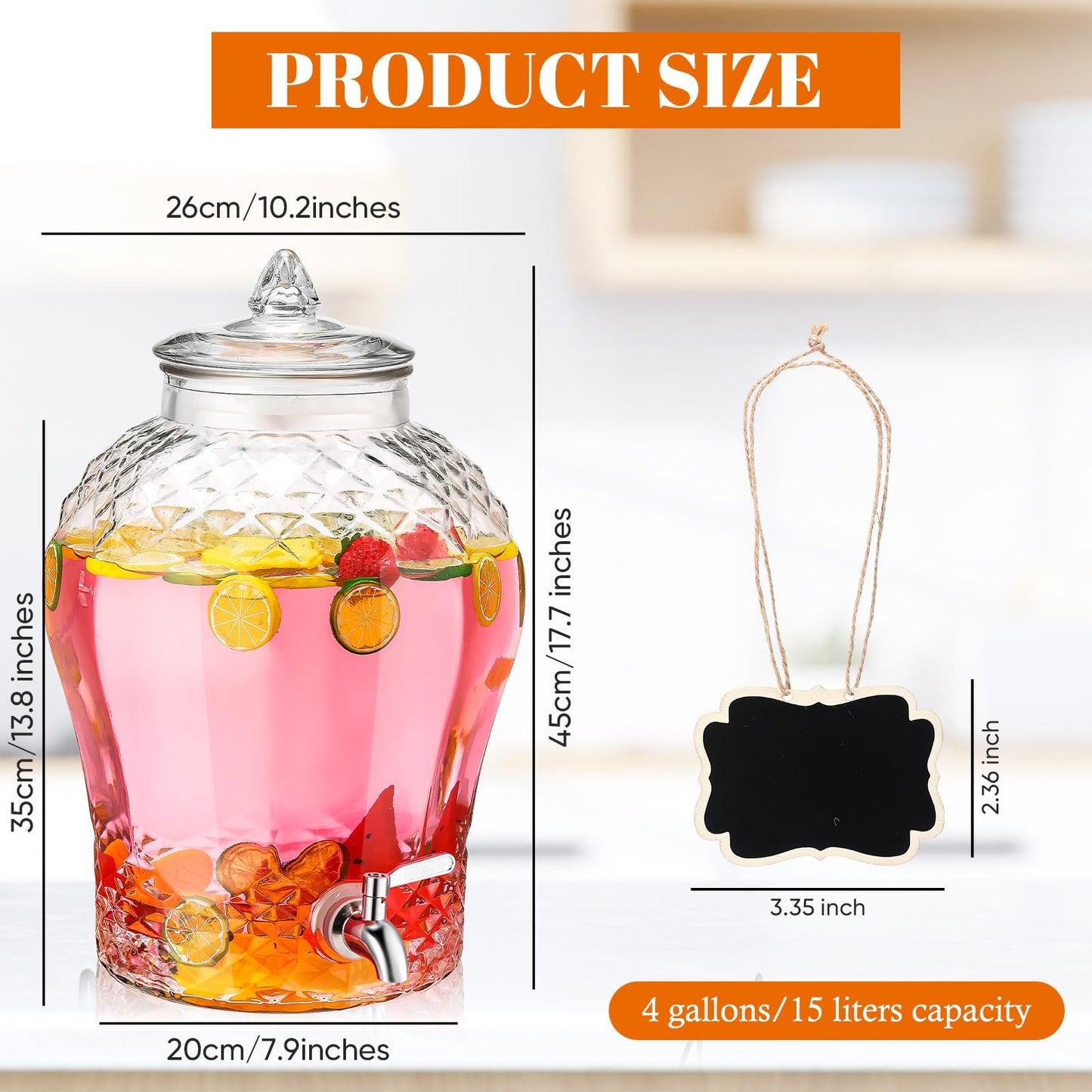 Baderke 4 Gallon Glass Drink Dispenser for Parties Beverage Dispensers Glass Water Dispenser with18/8 Stainless Steel Leakproof Spigot Hanging Chalkboard Signs Pen for Party Wedding (Novel Style)