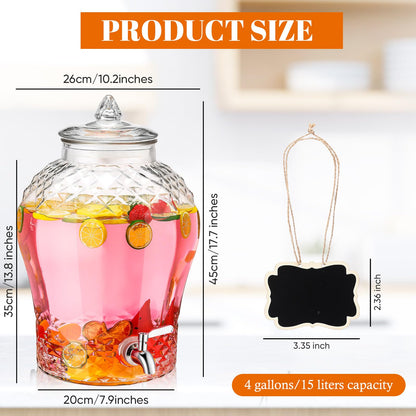 Baderke 4 Gallon Glass Drink Dispenser for Parties Beverage Dispensers Glass Water Dispenser with18/8 Stainless Steel Leakproof Spigot Hanging Chalkboard Signs Pen for Party Wedding (Novel Style)