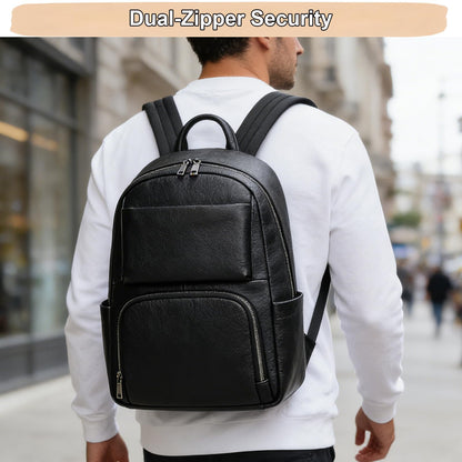 Yevabo Genuine Leather 15.6 Inch Laptop Backpack for Men, Multi Pocket Casual Daypack Shoulder Bag for Business Travel Outdoor, Black