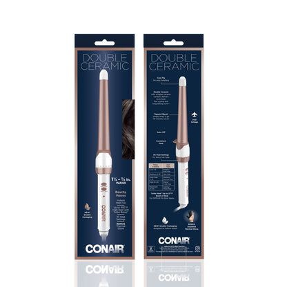 Conair Double Ceramic 1 1/4-inch to 3/4-inch Curling Wand, Tapered Wand Produces Beachy Waves, White