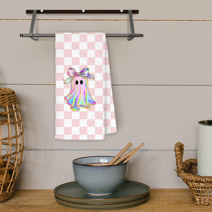 JINYO Ghost Kitchen Towels, Pink and White Checkered Hand Towels for Bathroom Kitchen Decor, Halloween Decorative Dish Tea Towels, 16x24 Inch
