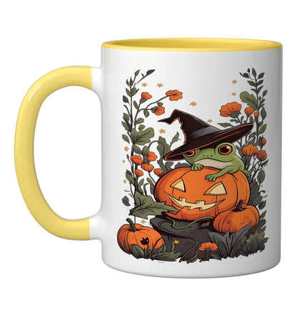 Halloween Frog Witch Hat Jack-o-Lantern Orange Flower Fall Ceramic Mug, Yellow/White