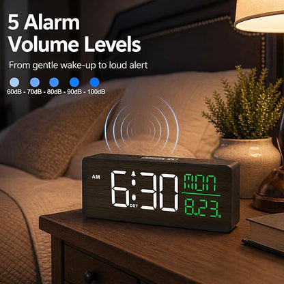 Peakeep Wooden Digital Alarm Clock Large Display, Textured Decoration for Bedroom, Living Room, Plug in Clock with Time Date Day, 5 Brightness, Auto DST